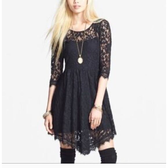 Free People Lace Mesh Black Dress S4 Black Whimsy Goth Witchcore Dark Fairy - Picture 1 of 11